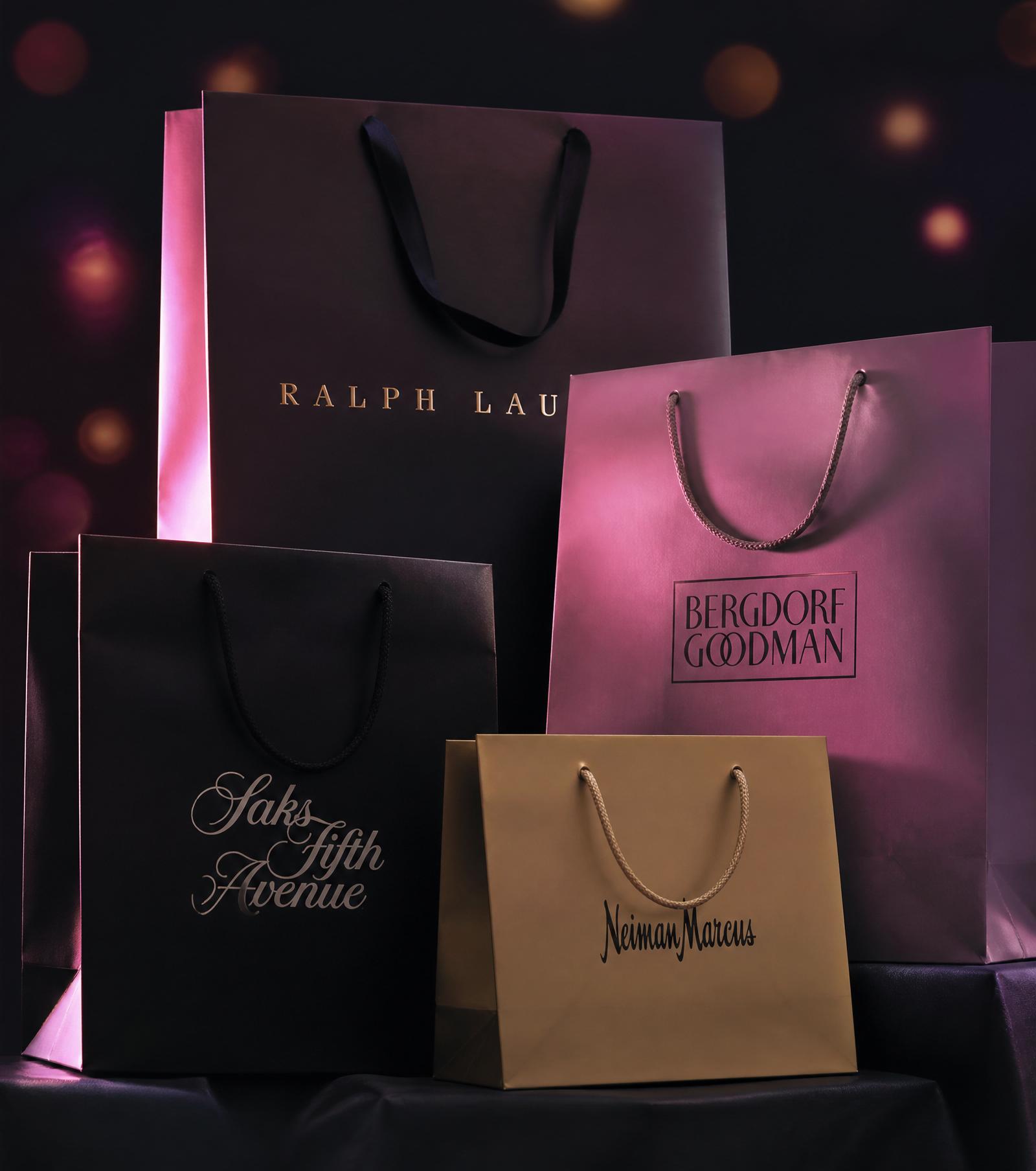 Sacolas premium de lojas americanas em ambientação luxuosa